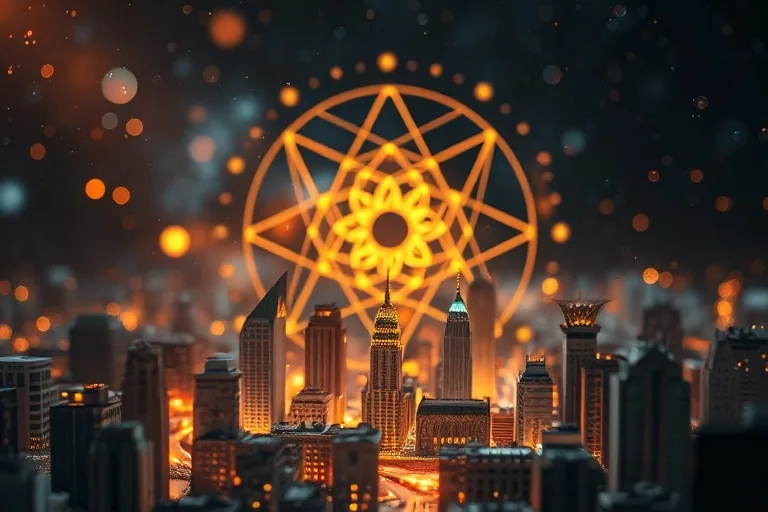 Conceptual art of a glowing cosmic thread weaving through a miniature cityscape, ethereal light.