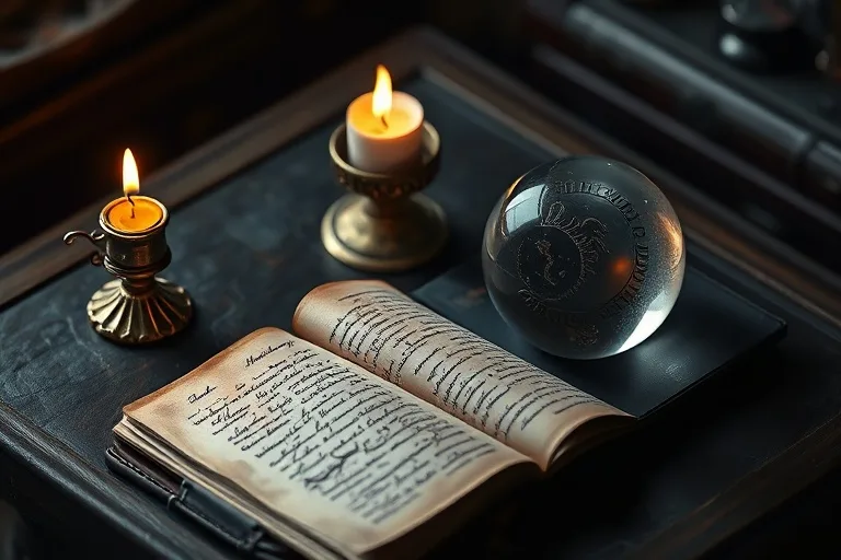 Worn leather journal with illegible script, candle, and crystal ball on a dark desk.