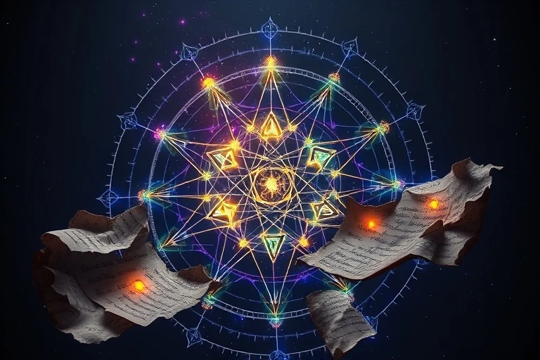 Fragmented ancient parchments floating in a void, connected by energetic threads and glowing runes.