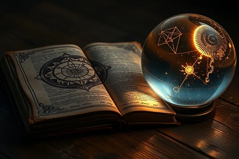Cinematic still life of an ancient, open leather-bound journal with intricate symbols, next to a crystal ball reflecting soft, diffused light, on a rustic wooden table, captured with macro photography and deep focus.