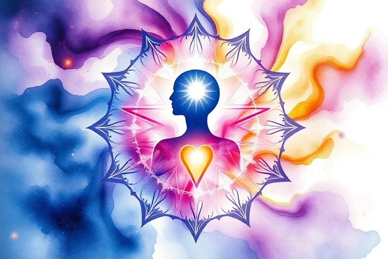 Watercolor painting of a serene, stylized human silhouette with light radiating from its head and heart, surrounded by flowing, vibrant colors representing spiritual insight and clarity. Abstract, peaceful, ethereal.