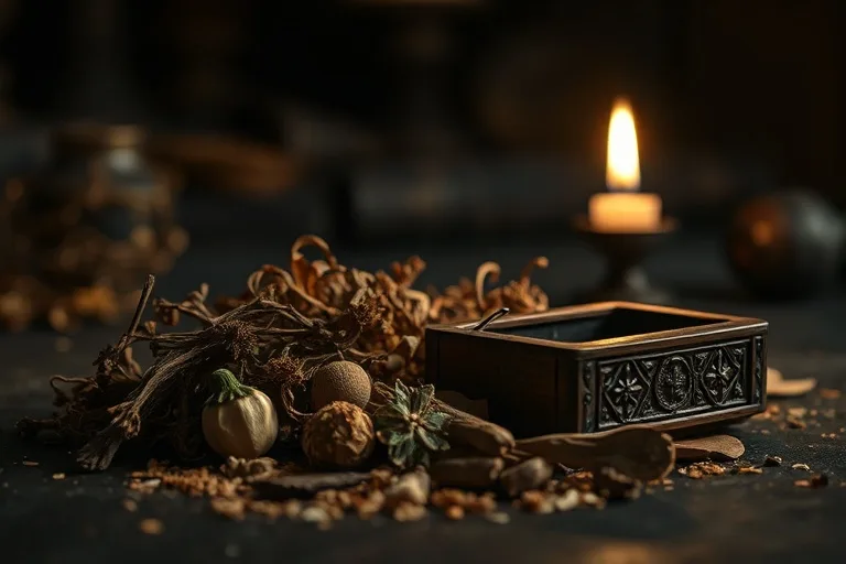 Close-up of dried herbs and a small wooden box, symbolizing the natural ingredients used in advanced magical practices.
