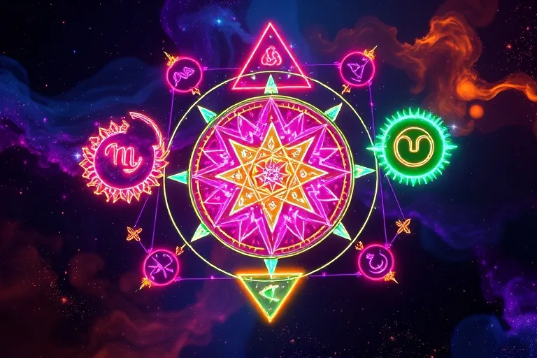 Abstract digital art featuring glowing sigils and planetary symbols against a cosmic background, representing activated magical intent.