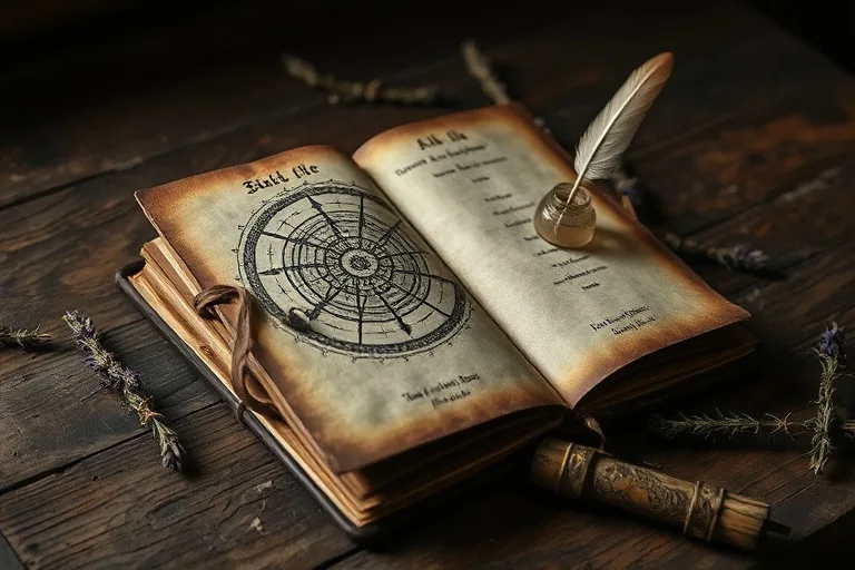 Cinematic still life of an ancient grimoire open to a page with hand-drawn sigils, a quill pen, and dried herbs on a rustic wooden table, symbolizing sigil crafting.