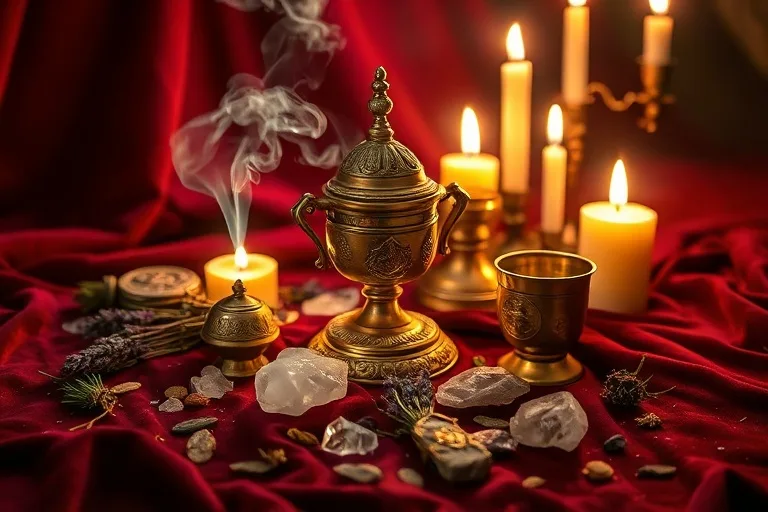 Antique brass ritual tools including a censer, bell, and chalice on velvet with herbs and crystals, soft candlelight.