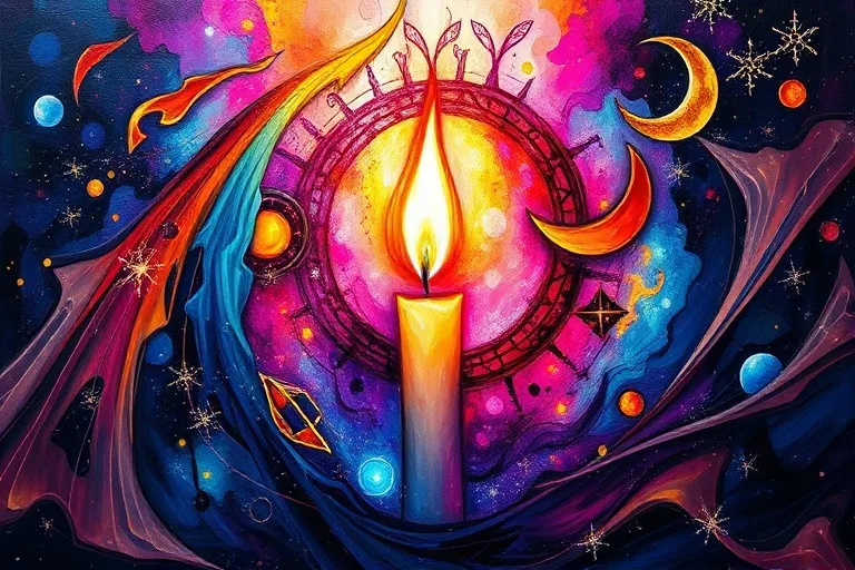 Abstract oil painting depicting divine energy flowing into a candle flame, vibrant colors, celestial bodies, spiritual connection.