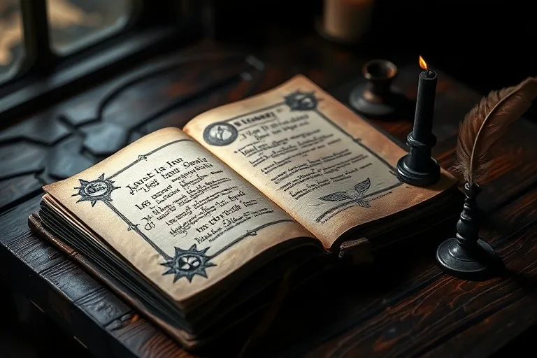 Vintage leather-bound grimoire open to a page with hand-drawn sigils, next to an unlit candle and quill pen on a dark wooden table.