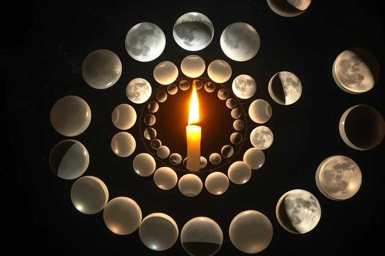 Conceptual art of glowing, translucent spheres representing lunar phases in a spiral, with a candle flame at the center.