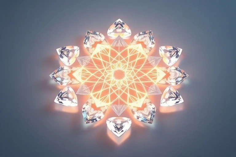 Isometric 3D render of a Flower of Life pattern with quartz crystals