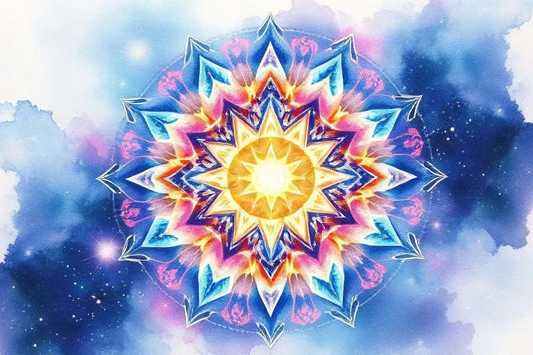 Watercolor painting of abstract energy flowing through symbolic crystal shapes