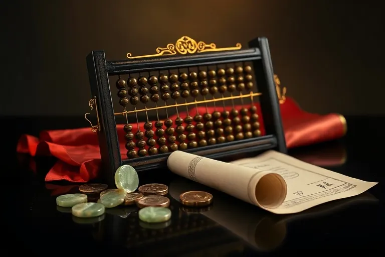 Ornate Chinese abacus with jade coins and silk scroll, symbolizing strategic thinking and financial acumen.
