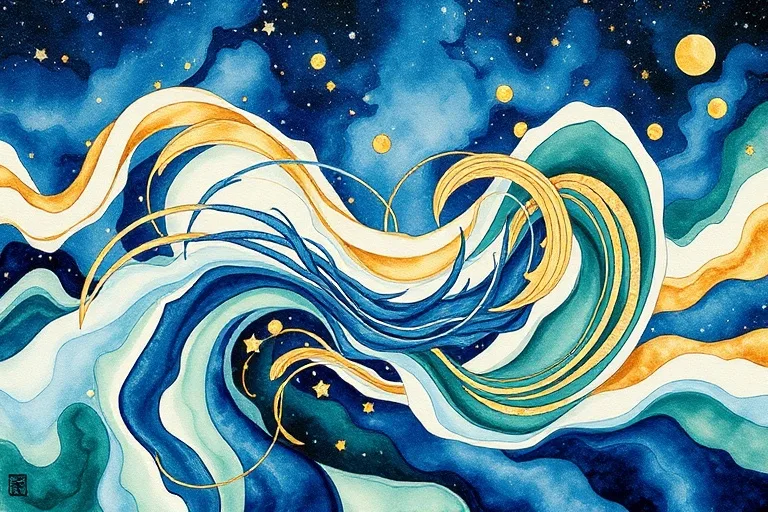 Abstract watercolor painting of intertwining energy currents in blues, greens, and golds, representing complex cosmic interactions.