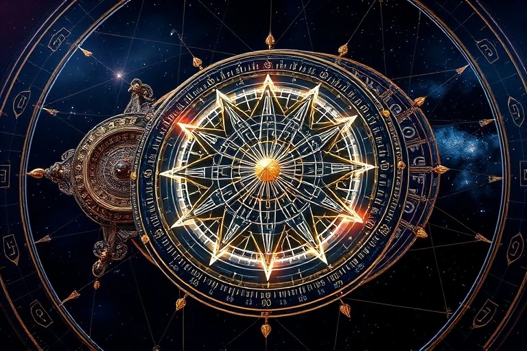 3D digital illustration of ancient astrological instruments with numerical sequences