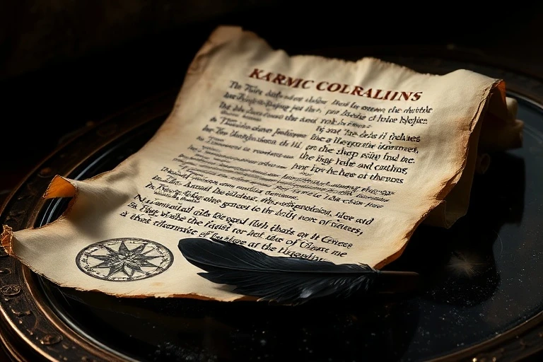 Cinematic still life of an ancient scroll unrolling over an obsidian mirror with glowing karmic symbols and a feather.