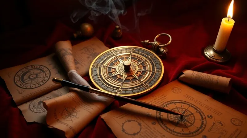 Antique brass astrolabe on velvet, surrounded by old parchment scrolls with astrological symbols, a quill pen, and a flickering candle.