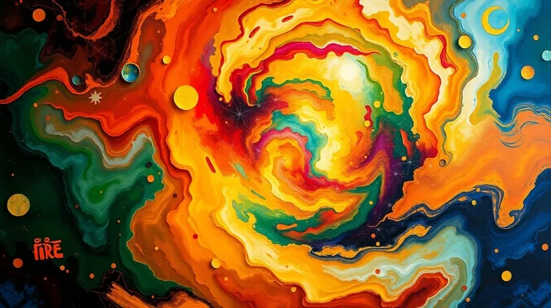 Abstract oil painting of a vibrant, swirling vortex of colors representing fire, earth, air, and water blending and interacting, with subtle geometric patterns.