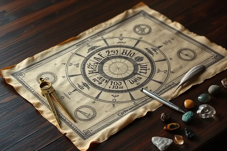 An antique numerology chart made of parchment unrolled on a dark wooden desk, with brass compasses, a quill pen, and polished stones.
