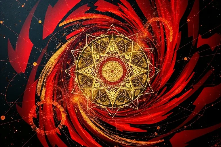 Abstract oil painting of a swirling vortex of interconnected numerical symbols and cosmic dust in deep crimson, gold, and obsidian black.