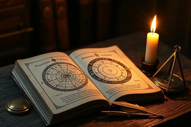 An ancient, open astrology book with diagrams, a brass astrolabe, and a quill pen on a wooden desk, lit by a candle, in cinematic still life.