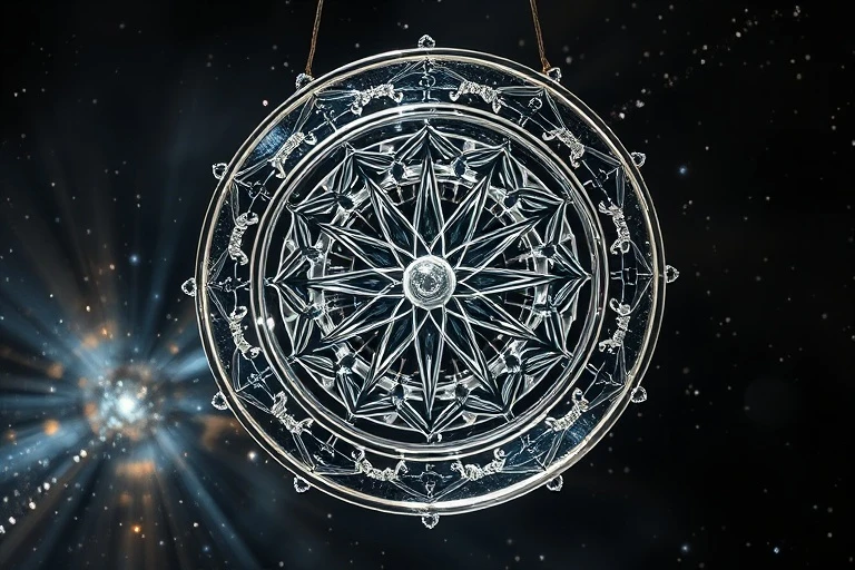A glass sculpture of a zodiac wheel with clear, fractured, and shadowed sections, set against cosmic dust and starlight, in conceptual art style.