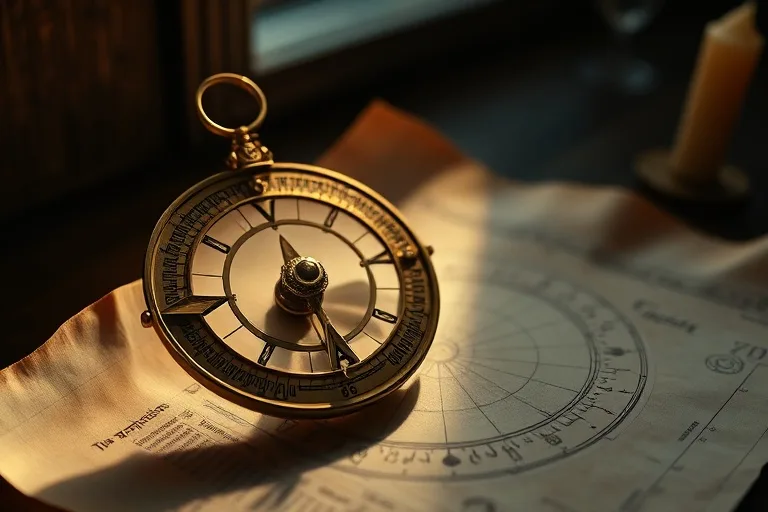 Antique astrolabe on parchment with astrological charts