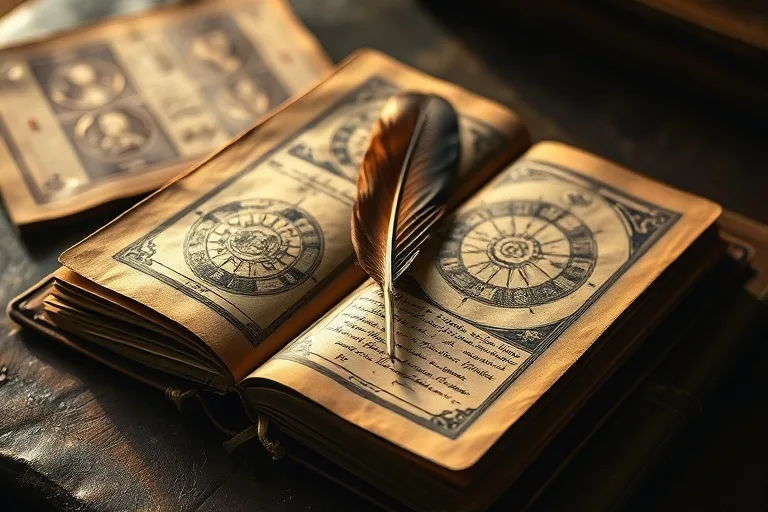 Cinematic still-life photo of an antique journal with a feather and astrological ephemeris, warm glow, macro shot.