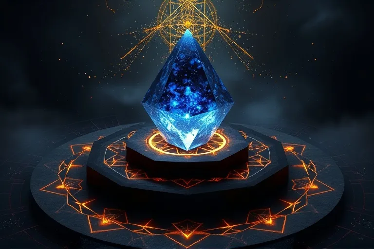 3D render of a geometric altar with a glowing crystal, sacred geometry patterns, deep blue and gold colors, atmospheric.