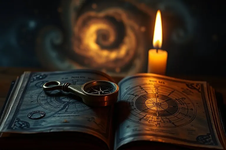 Cinematic still life photography: A vintage brass compass pointing towards an abstract, glowing nebula, resting on an ancient, open leather-bound book filled with esoteric astrological symbols and star maps. The scene is dimly lit by a single, flickering candle, emphasizing mystery and the search for shared direction.