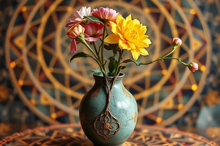 Oil painting: A broken but meticulously repaired ceramic vase, adorned with delicate gold leaf (kintsugi style), holding two different types of blooming flowers that are growing together, symbolizing resilience, shared growth, and the beauty found in overcoming challenges within a relationship. The background is a soft, blurred tapestry of interconnected threads.