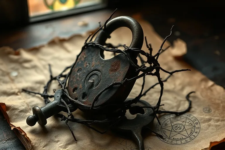 Rusted lock and key intertwined with thorny vines on a weathered parchment, symbolizing relationship blockages.