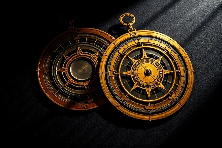 Two antique brass astrolabes, one overlapping the other, casting intricate shadow patterns.