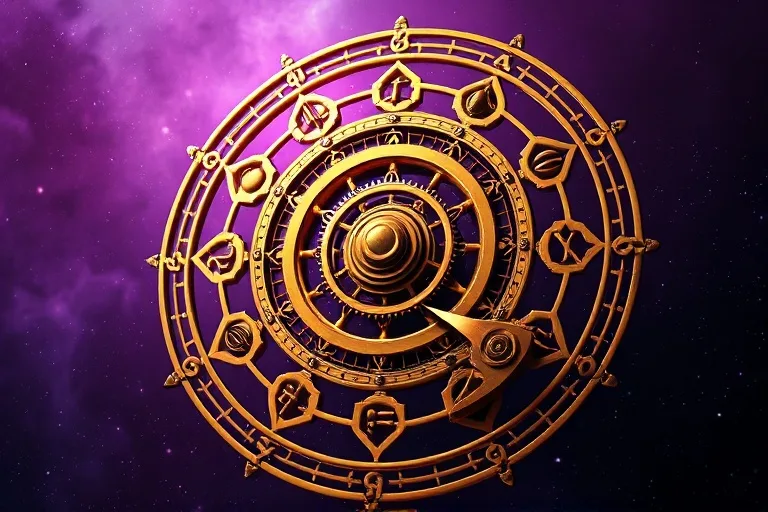 Stylized celestial clockwork mechanism with gears and cogs, bathed in purple and gold glow.
