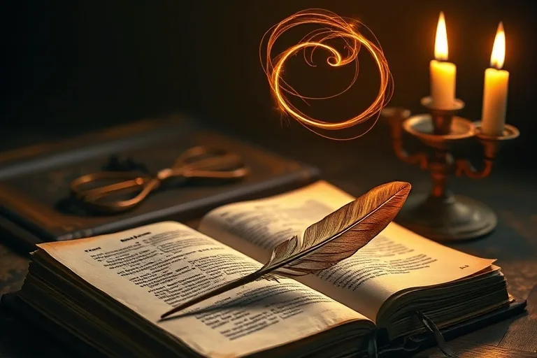 Antique journal on a wooden desk, surrounded by glowing energy threads, quill, candlelight, symbolizing accessing soul records.