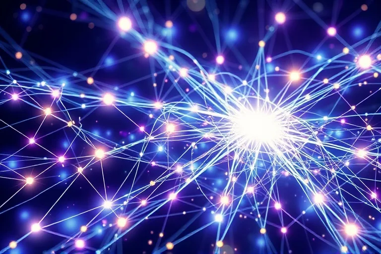 Abstract conceptual art of an interconnected web of light and energy, symbolizing universal consciousness and information flow.