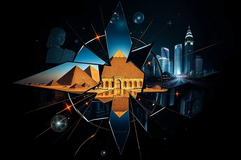 Conceptual Art: A shattered mirror reflecting fragmented images of different historical eras (ancient Egypt, medieval Europe, futuristic city), symbolizing past lives and karmic patterns. The fragments are held together by golden threads of light, against a dark, contemplative background. No human figures.