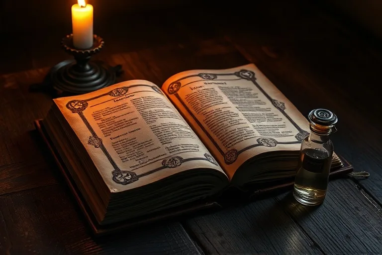 Still-life photograph of an antique, open leather-bound book displaying alchemical symbols, next to a shimmering glass vial, illuminated by dramatic candlelight.