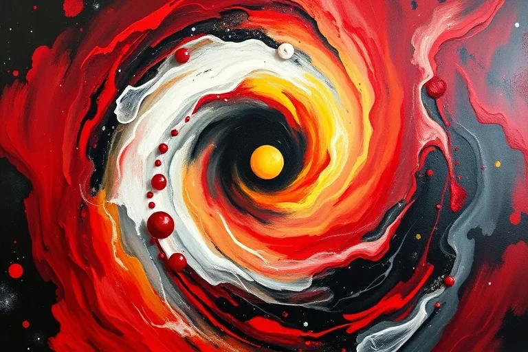 Abstract oil painting depicting a dynamic vortex of blending colors (reds, whites, blacks, yellows), symbolizing the cyclical and evolving nature of alchemical transformation.