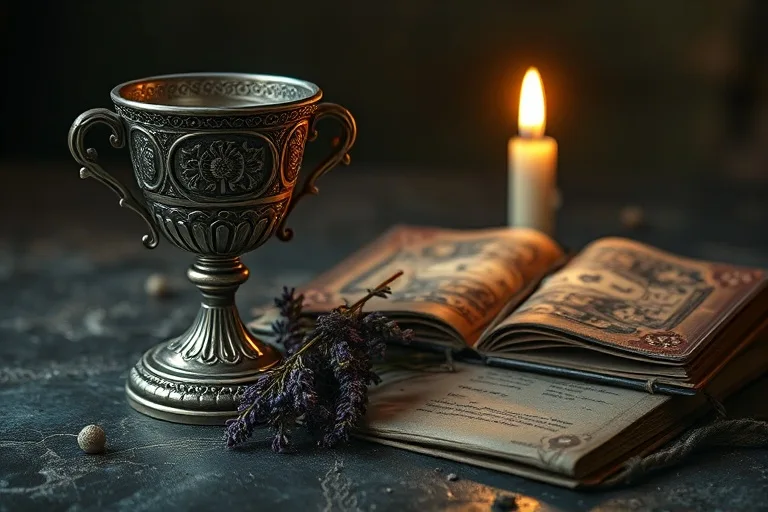 Cinematic still life of an ancient silver chalice, dried herbs, a leather book, and a flickering candle.