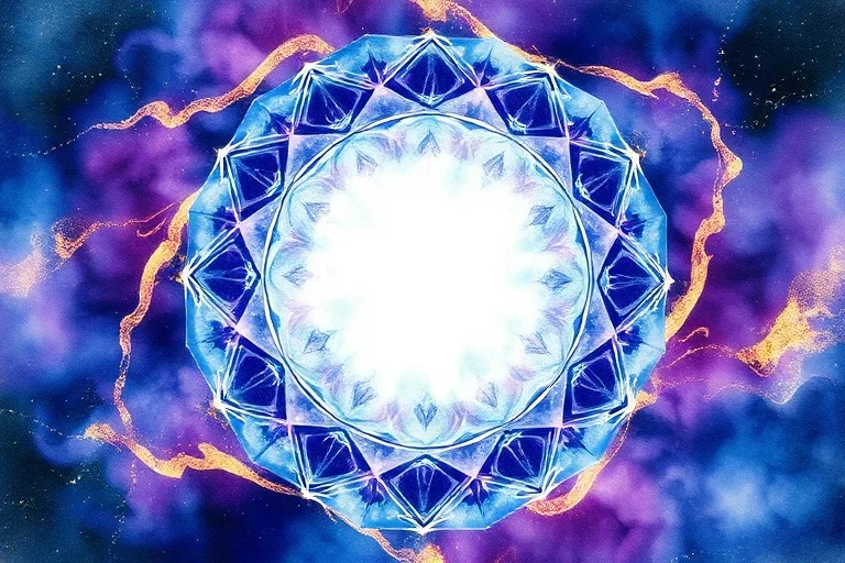 Watercolor painting depicting abstract energy flowing into a circular sacred space.