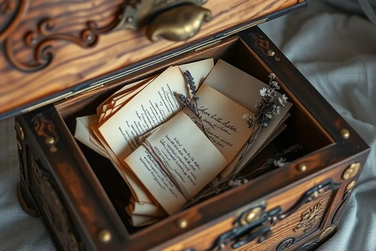 Still-life photograph of an antique wooden chest filled with old letters, faded photographs, and dried flowers, symbolizing inherited memories and unresolved family stories.