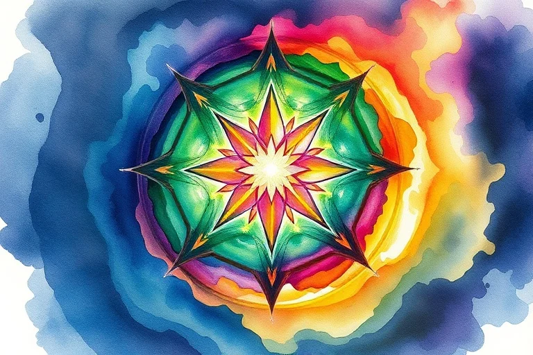 Abstract watercolor painting with swirling vibrant colors transitioning from dark to bright tones, symbolizing the release of energetic blocks and the flow of healing energy.