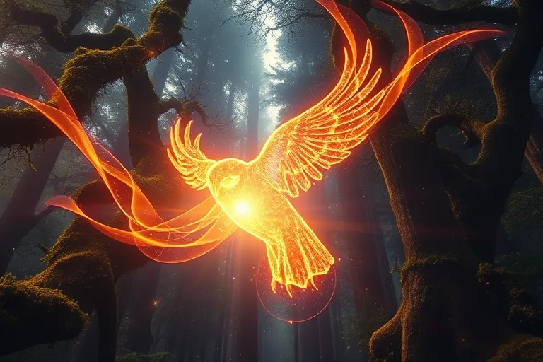 Arte conceptual de energía espiritual fluyendo a través de un bosque, con una forma animal etérea emergiendo