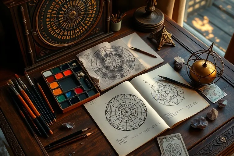 Escritorio antiguo con materiales de arte y símbolos astrológicos, evocando introspección y creatividad.