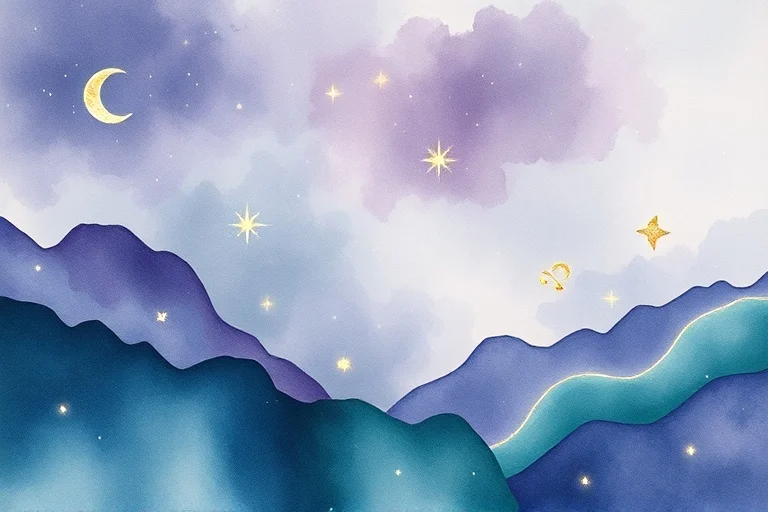 Paisaje abstracto en acuarela con símbolos astrológicos sutiles, representando la introspección y el autodescubrimiento.