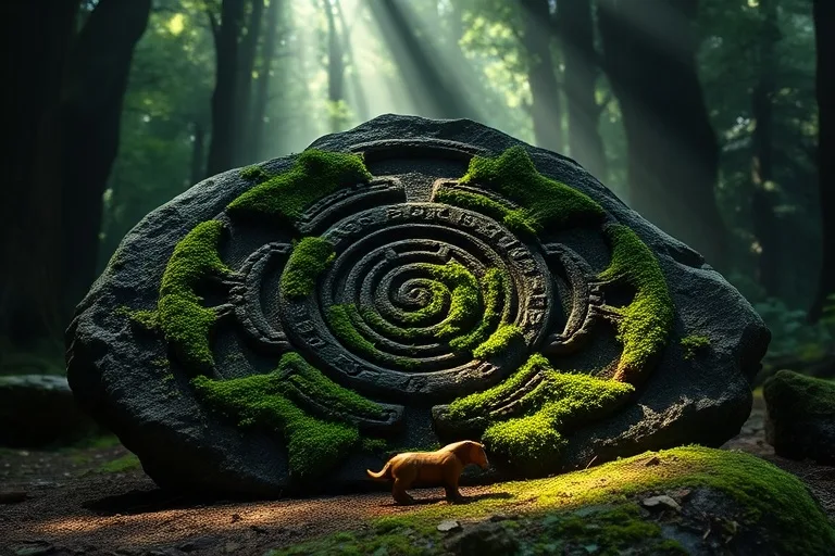 Fotografía cinematográfica de una antigua piedra ogham celta cubierta de musgo, con una pequeña figura de animal tallada en madera, bajo luz solar filtrada en un bosque.