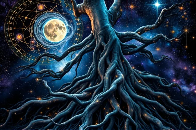 Arte conceptual de raíces de árbol entrelazadas con patrones cósmicos y estrellas.