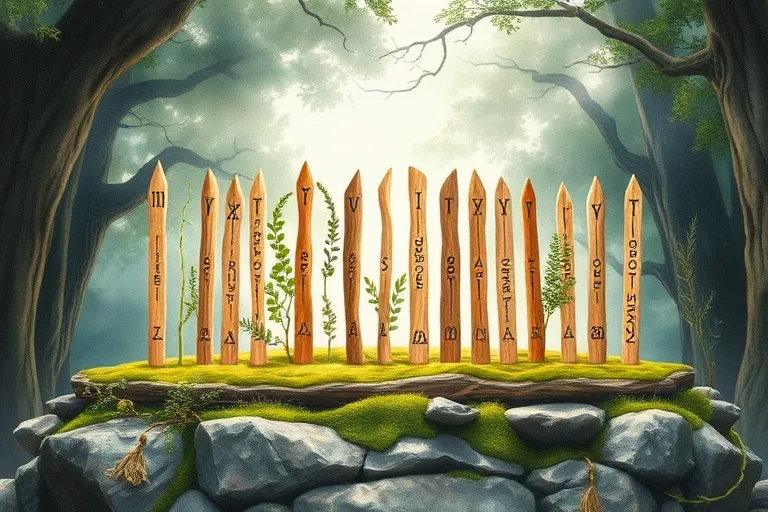 Pintura acuarela de veinte bastones Ogham con sus símbolos y ramas de árboles correspondientes sobre un altar de piedra.
