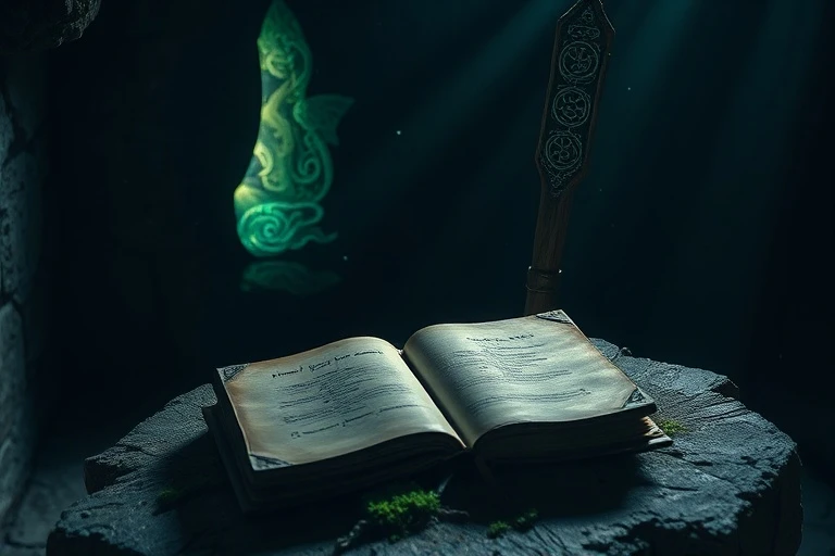 Bodegón cinematográfico de un libro antiguo de cuero y un bastón Ogham brillante en una cámara de piedra, evocando sabiduría ancestral.