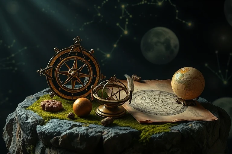 Bodegón cinematográfico de herramientas astrológicas antiguas sobre un altar de piedra, iluminadas por la luna, simbolizando la sabiduría ancestral y la conexión con los ciclos celestes.
