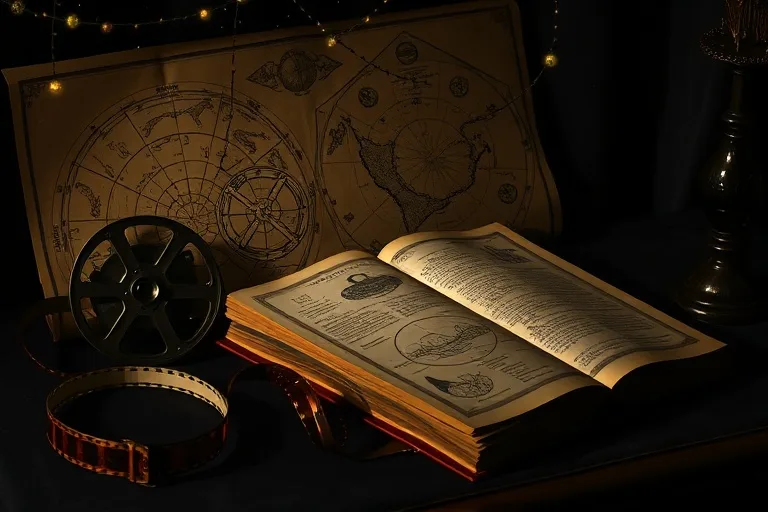 Naturaleza muerta cinematográfica con carretes de película antiguos entrelazados con cartas astrológicas y un libro de mitología sobre un escritorio de terciopelo, con luz tenue.